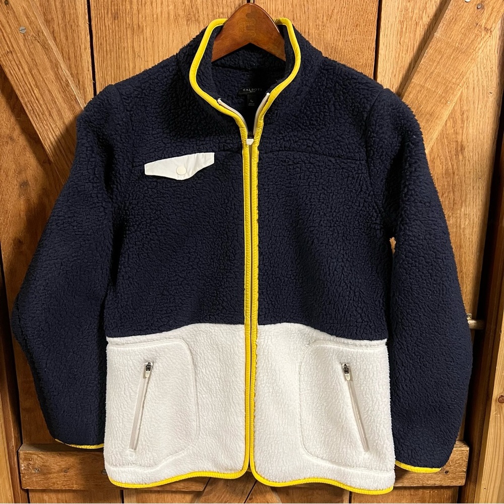 ❄️ Talbots Sherpa Colorblock Blue/White Yellow Trim Sweater Jacket Size S Petite